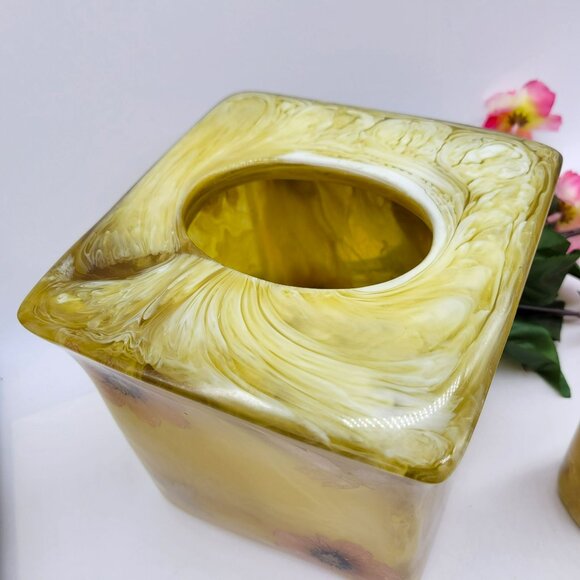 3 Pc Bathroom Set Tissue Box Toothbrush Holder Canister Pressed Flowers Acrylic - Picture 4 of 16